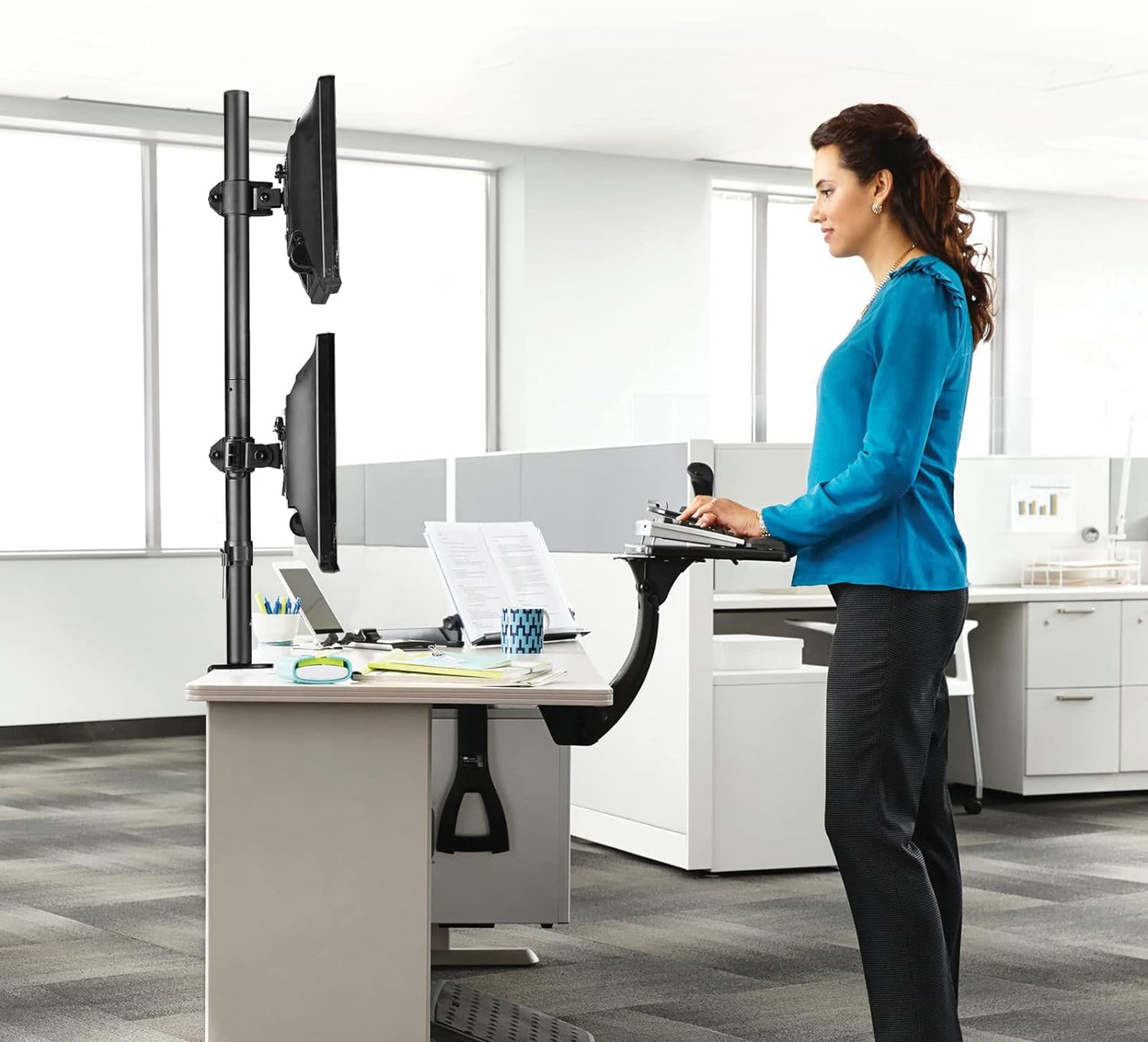 Suptek Dual LED LCD Monitor Stand up Desk Mount for 2 / Two Screens up to 32 inch Extra Tall 31.5" Pole Heavy Duty Fully Adjustable Stand Vertical Array (MD6802)