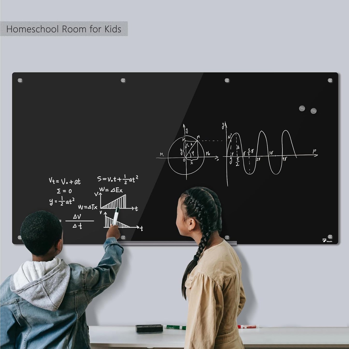 TOWON 8 x 4ft Glass Whiteboard Wall, Black Magnetic White Board Dry Erase 96 x 48 in, Big Glass Dry Erase Board with Multi-Color Markers, Strong Magnets, Pen Tray and Eraser, Frameless