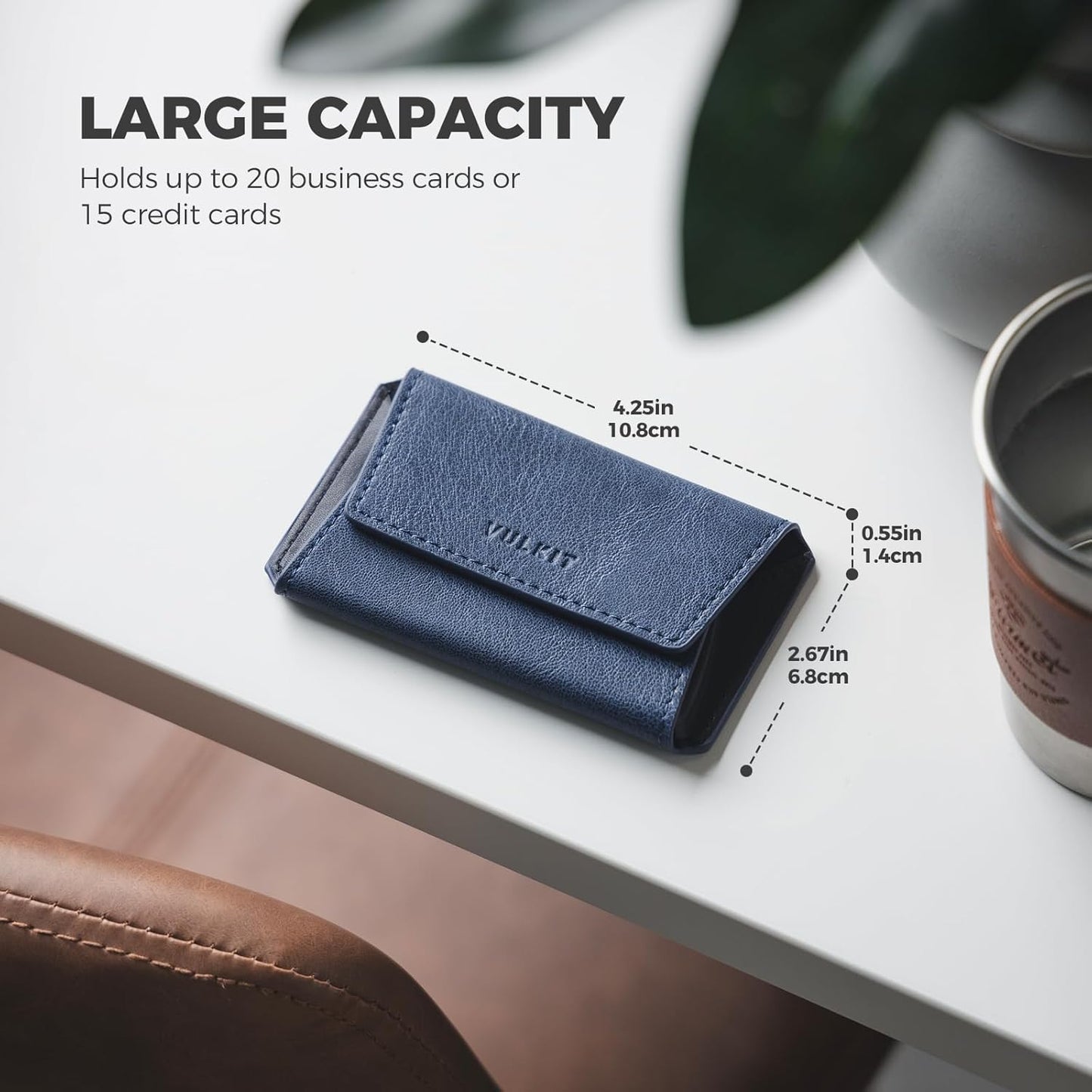 VULKIT Leather Business Card Holder Case for Men Slim Pocket Business Card Wallet Name Card Case Holder, Holds 20 Business Cards Navy