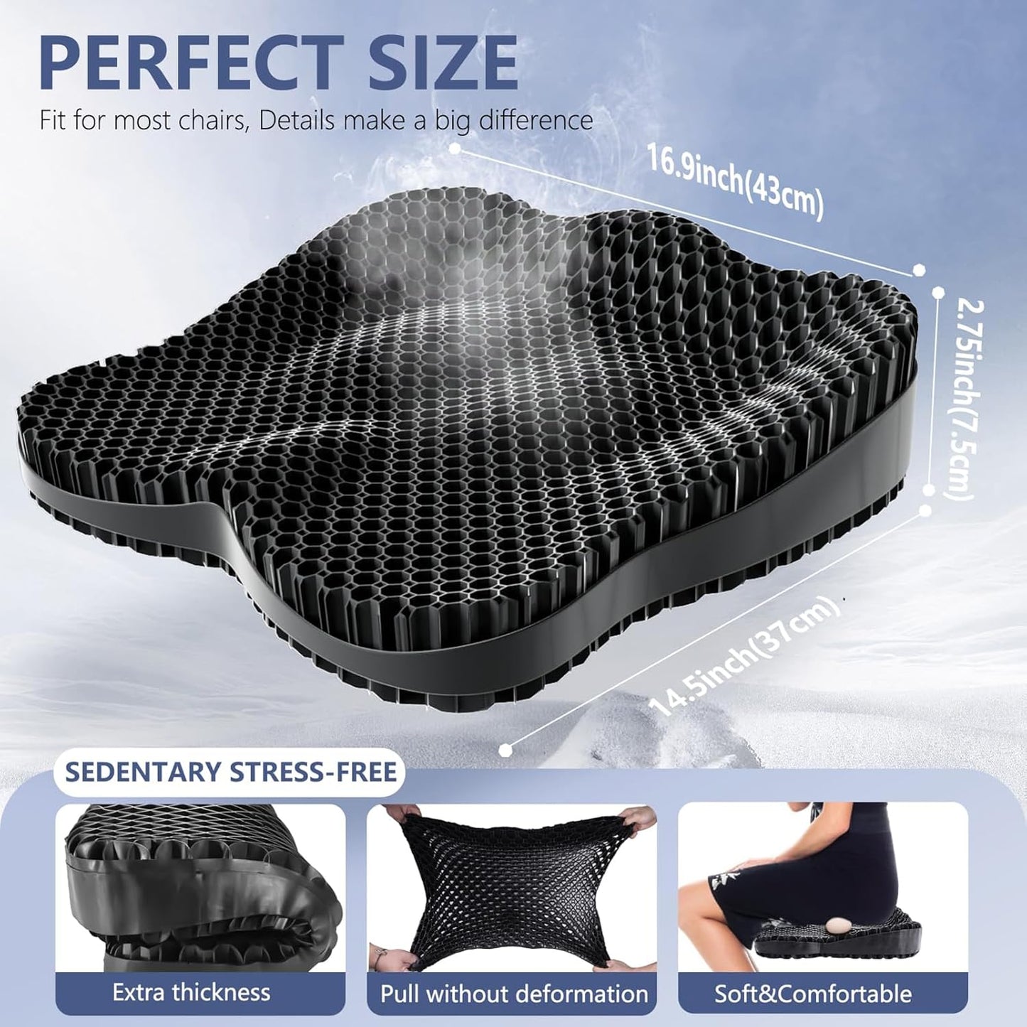 Thicker Seat Cushion for Office Chair, Big Gel Seat Cushion for Long Sitting, Support for Sciatica & Back Pain Relief, Breathable Chair Seat Pads Egg Wheelchair Cushion for Home Car Kayak Stadium