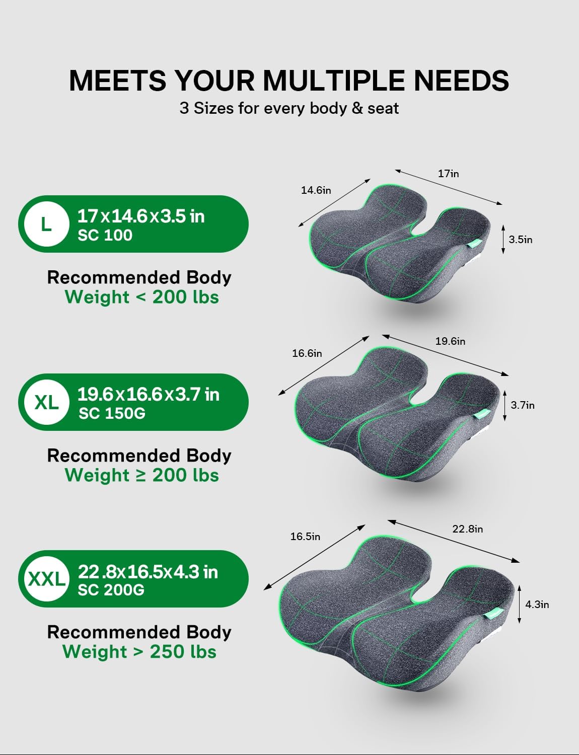 Seat Cushion, SC 200G Seat Cushions for Office Chairs, Car Seat, Wheelchair - Sciatica & Tailbone & Coccyx Pain Relief Pillow for Driver Sedentary People（Size:22.8 * 16.5 * 4.3 in-Grey）