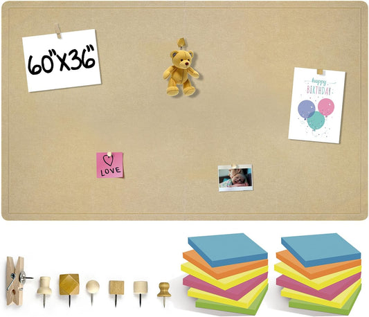 Large Bulletin Board 60 x 36 Inches - Foldable Felt Bulletin Board for Wall, Cork Board Alternative with 114 Wood Pins & 12 Note Pads, Vision Board - Khaki