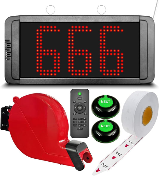 Take a Number System Wireless Queue Calling System 1 Metal Number Display 2 NEXT Call Buttons 1 Red Ticket Dispenser with 3-Digit Ticket Roll 000-999 for Restaurant Cafe Clinic Bank