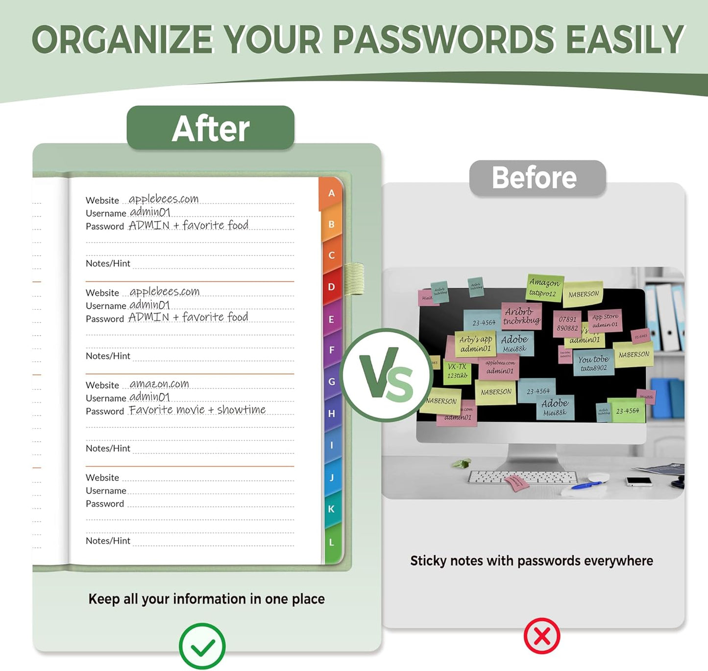 SUNEE Password Book with Colorful Alphabetical Tabs, Password Books for Seniors, Password Keeper Book for Computer and Internet Address Website Login, 5.3''x 7.7''- Sage Green