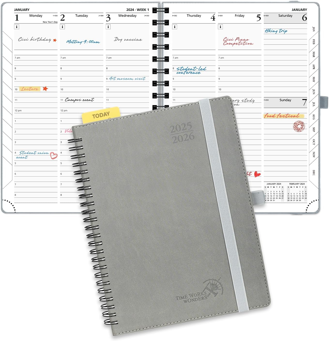 POPRUN Planner 2025-2026 (Medium - 6.5'' x 8.5'') Academic Weekly Calendar (July 2025 - June 2026) with Hourly Time Slots, Monthly Tabs, 100GSM Thick Papers, Spiral Leather Cover - Grey