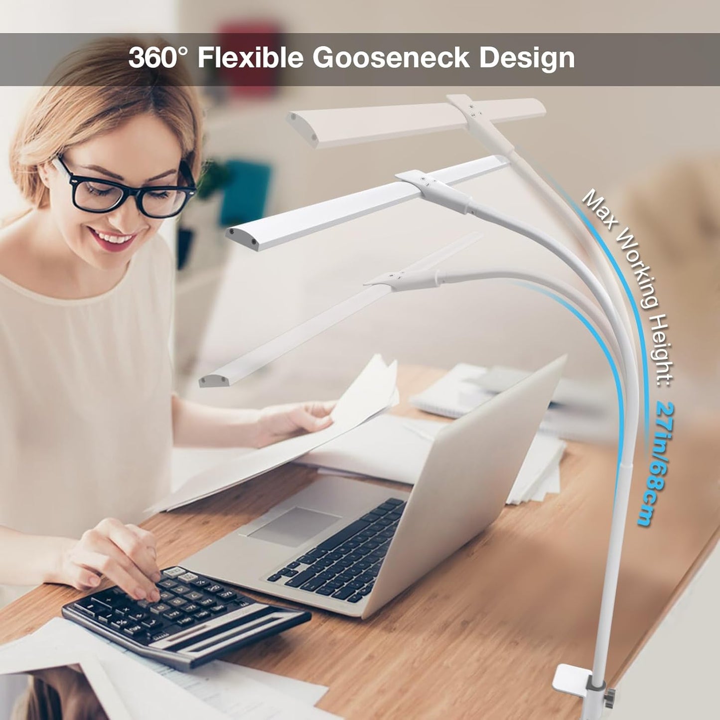 LED Desk Lamp, Double Head Desk Lamps for Home Office, Dimmable 25 Lighting Modes Bright Desk Lighting,12W 1400lm Eye-Caring Architect Table Lamp for Workbench Monitor Reading Study, White