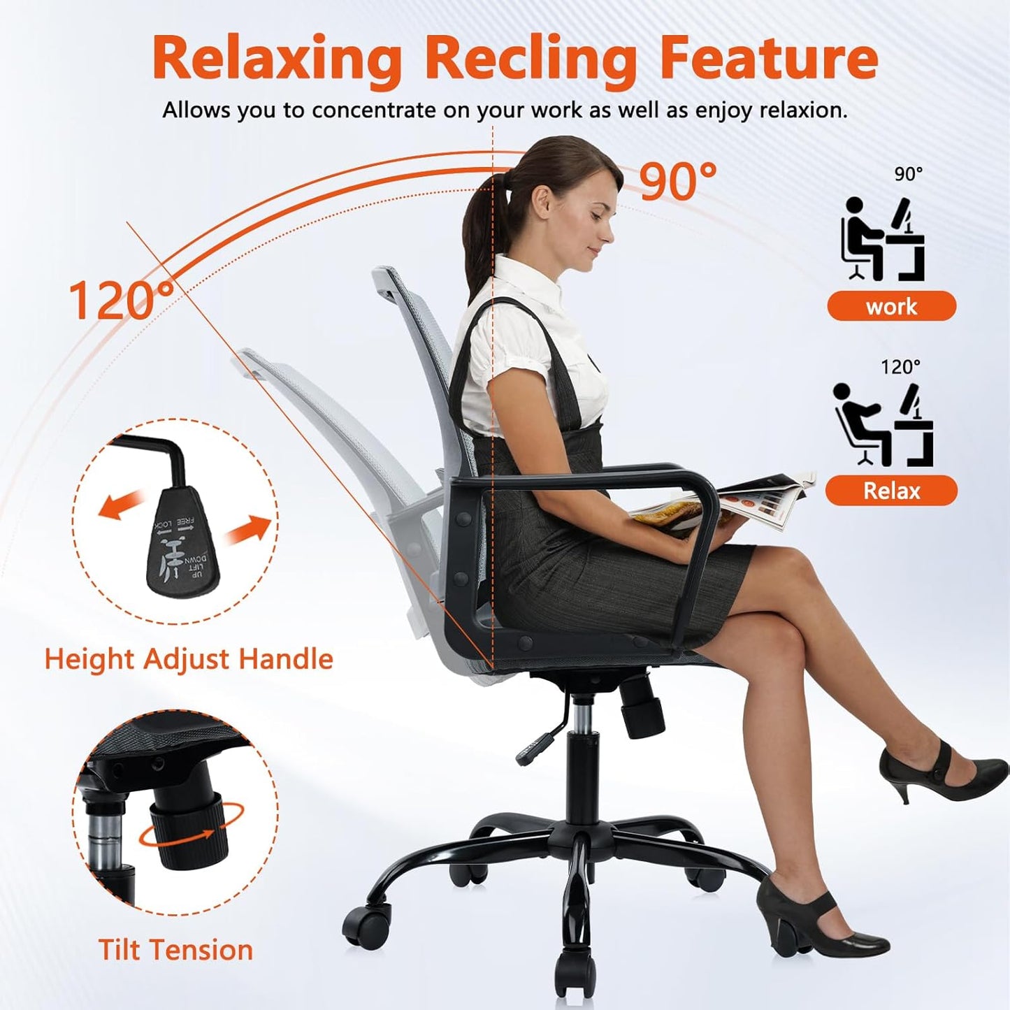 CLATINA Ergonomic Office Desk Chair - Mesh Office Chair with Adjustable Lumbar Support, Rolling Comfortable Computer Task Chairs with Arms for Home Conference-Gray
