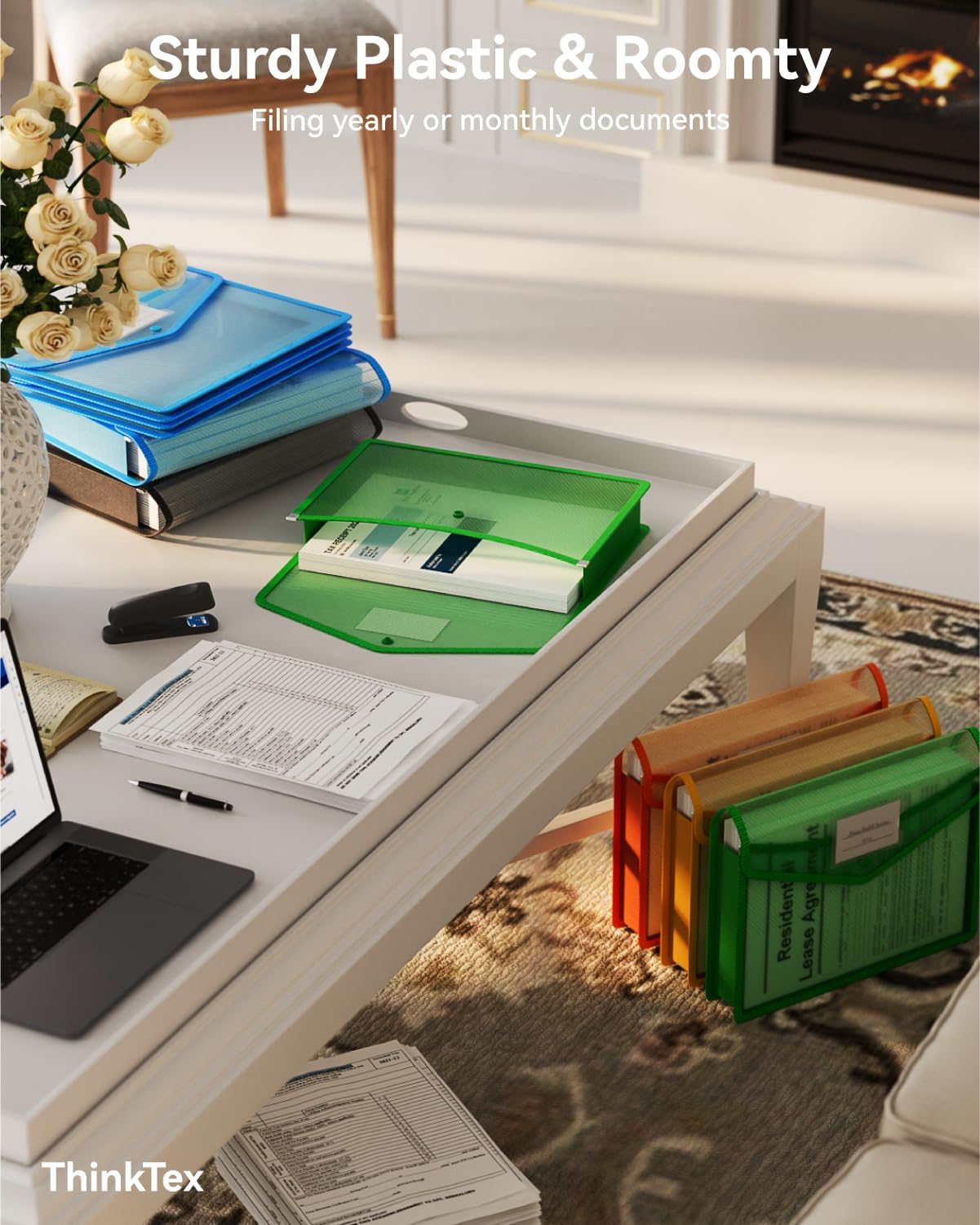 ThinkTex Plastic Expanding File Folder, Transparent envelopes with Snap Closure, No Dividers, Large Capacity, Assorted Colors, Fit Letter/A4 Size - 5 Packs