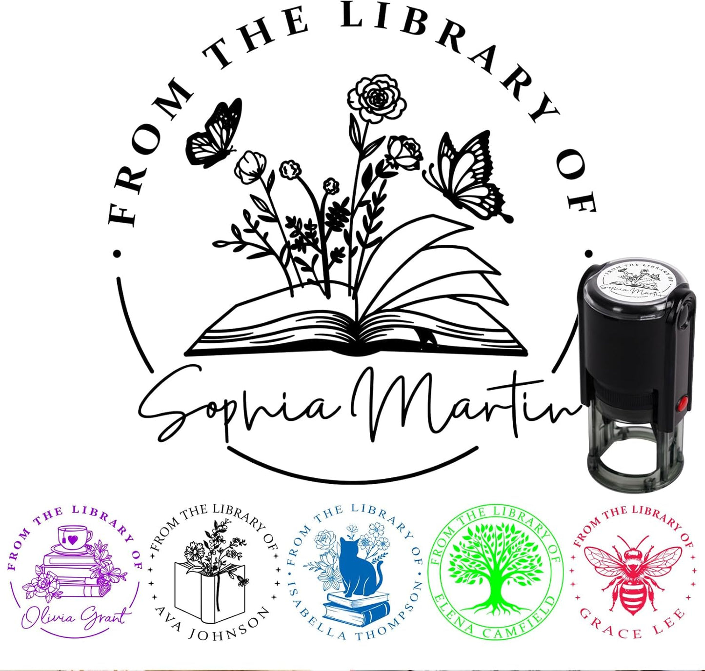 Personalized Book Stamp - Custom Library Stamper - Custom Stamps Self Inking - Perfect Gifts for Book Lovers, Friends, Teachers, Bibliophiles - 4 Sizes - 5 Ink Color Options (Library)