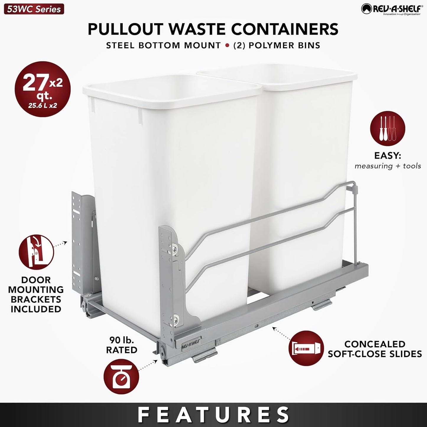 Rev-A-Shelf 53WC-1527SCDM-213 Double 27 Quart Pull-Out, Orion Gray