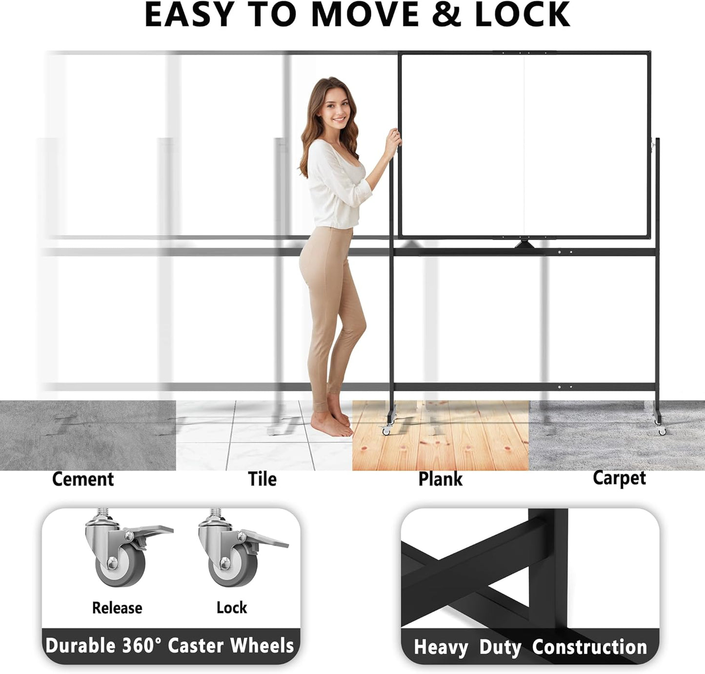 Large Rolling Whiteboard on Wheels, 48" x 36" Double-Sided Mobile White Board with Stand, 4' x 3' Portable Standing Magnetic Dry Erase Board Easel for Home Office Classroom School, Black