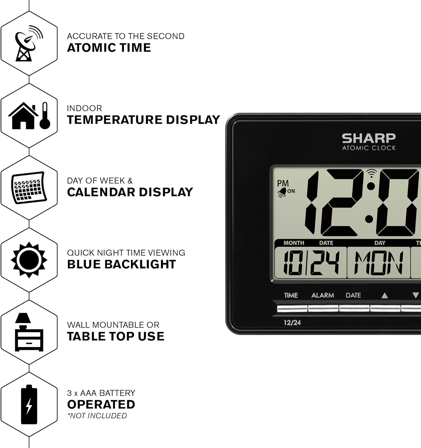 Sharp Atomic Desktop Clock – Auto Set Digital Alarm Clock - Atomic Accuracy - Easy to Read Screen with Time/Date/Temperature Display- Perfect for Nightstand or Desk
