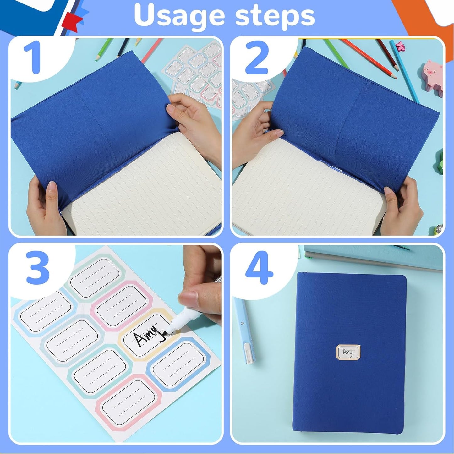 Jumbo Book Covers 8 Pack Reusable Fabric Book Cover Protective Books Covers 9 x 11 Inch Blue Stretchable Books Sleeve Cover with Label Sticker for Most Hardcover Textbooks Up to 10 x 12.5 Inch