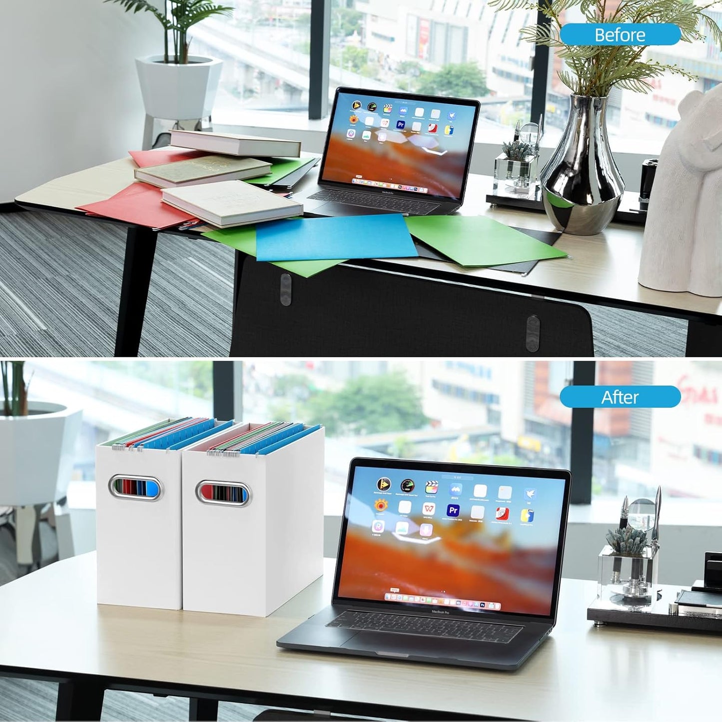 Oterri File Organizer, 4 Packs Small Storage Box, Cardboard File Folder Organizer, Collapsible File Box for Hanging File Folders Letter Size, Portable Filing Organizer with Handle（White）