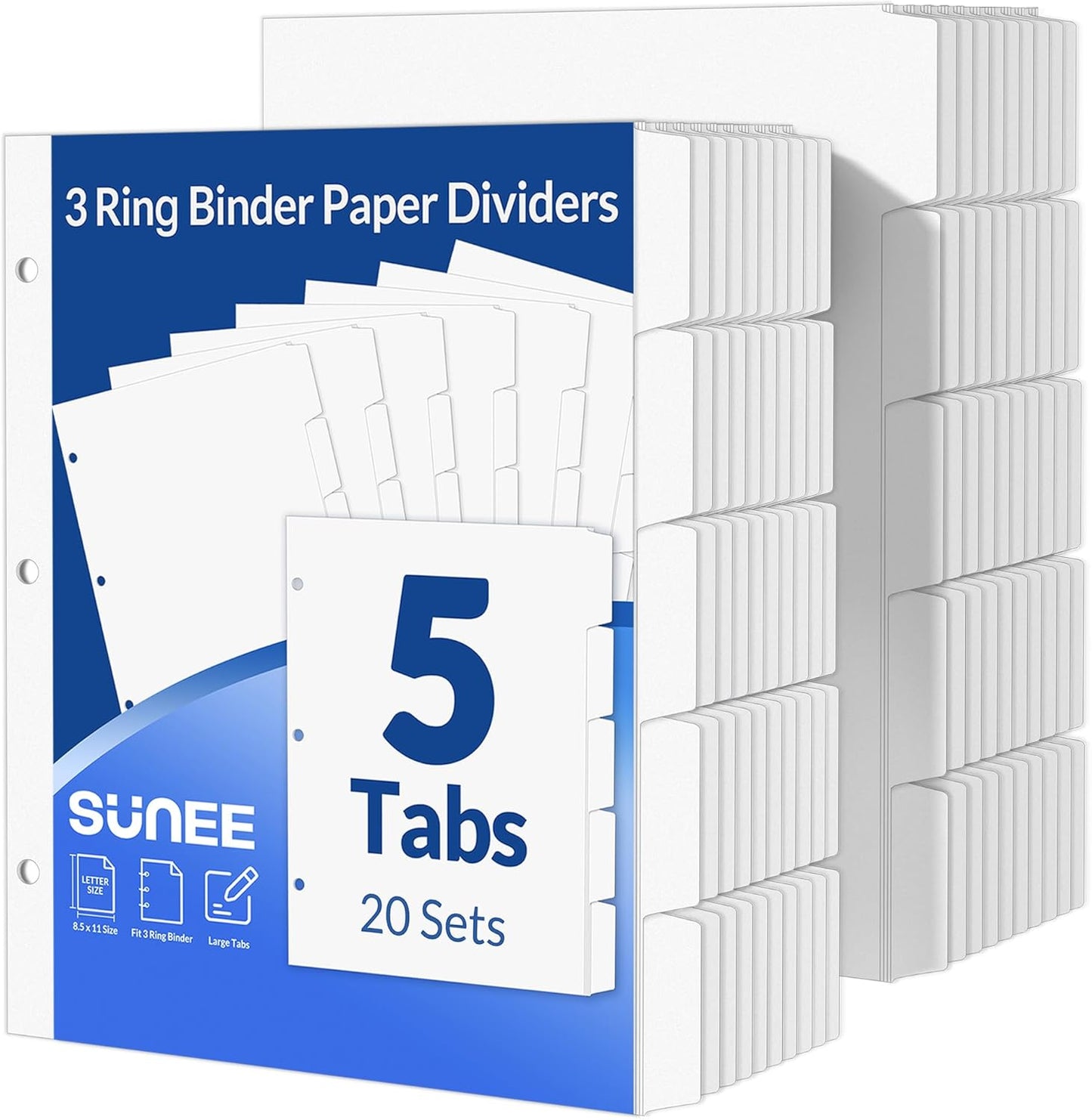 SUNEE Binder Dividers with Tabs for 3 Ring Binder, 8.5 x 11 Paper White Binder Dividers Blank with 5 Tabs, 20 Sets Page Dividers for School, Office and Home, 100 Dividers
