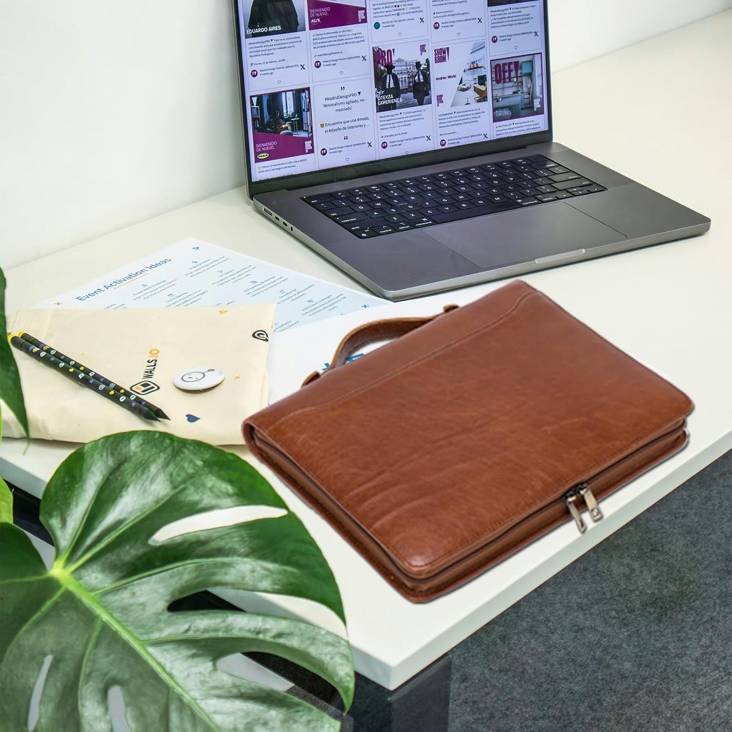Genuine Leather Portfolio with Hidden Handle, Front Pocket, Business Padfolio Tablet/13” Laptop Organizer, Folio Document Cell Phone Holder, Professional Executive Folder, Brown, Oil Tanned