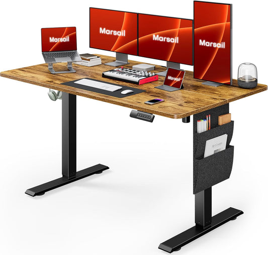 Marsail Standing Office Desk,Adjustable Heights,Stand Up Desk,55x28 Inches Desktop Sit Stand Home Office Gaming Computer Desk with 4 Memory Presets,Headphone Hook,Cable Organizer, Rustic Brown