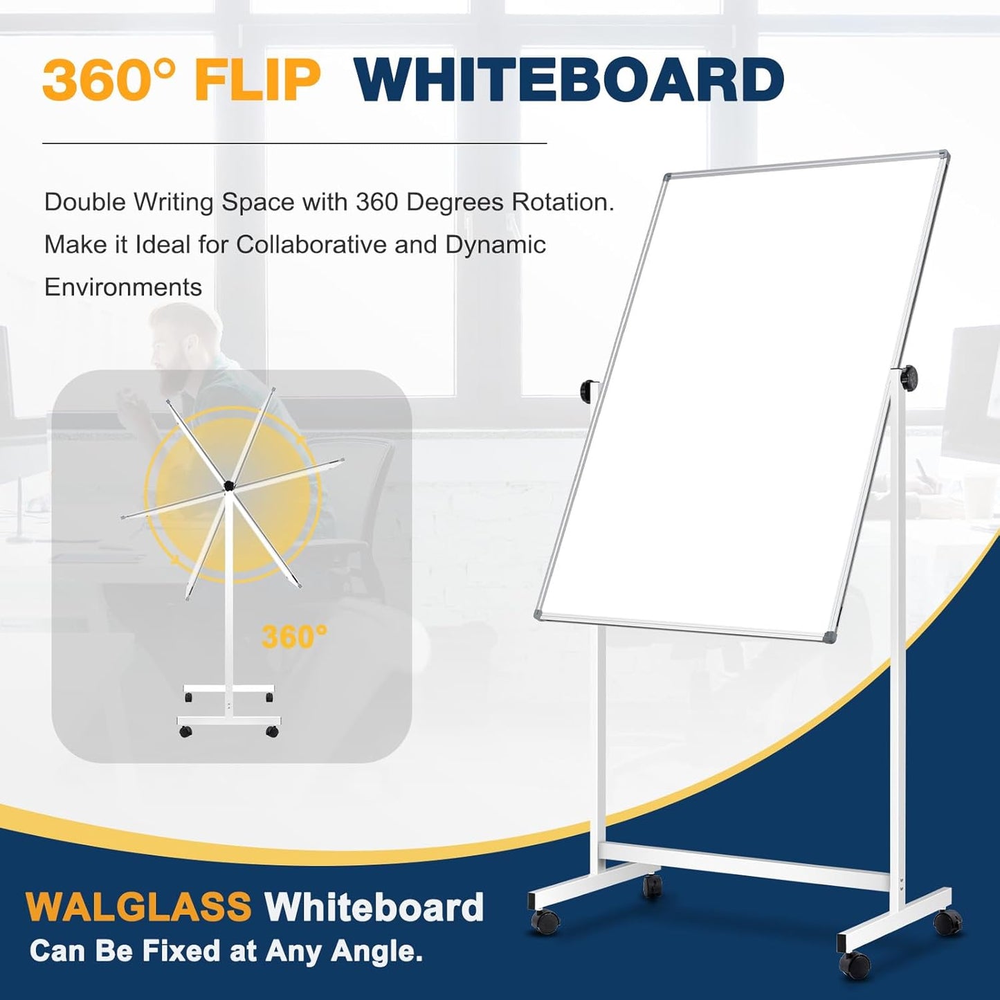 [13 Sq/ft] WALGLASS Double-Sided Rolling Whiteboard, 24"x40" Reversible Dry Erase Board with Stand, Magnetic White Board on Wheels, Standing Mobile Whiteboard, School Supplies, Classroom, Office, Home