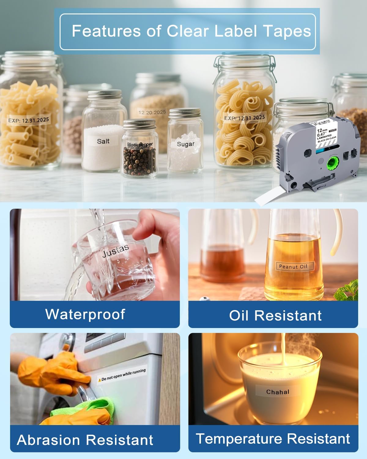 Clear Label Maker Tape Refill Compatible with Brother TZe-131 TZe131 TZe TZ Tape 12mm 0.47 Laminated Clear 1/2'' x 26.2' Black on Clear P Touch Label Tape for PT-D210 PTD220 PT-H110 PT-D600, 5 Pack