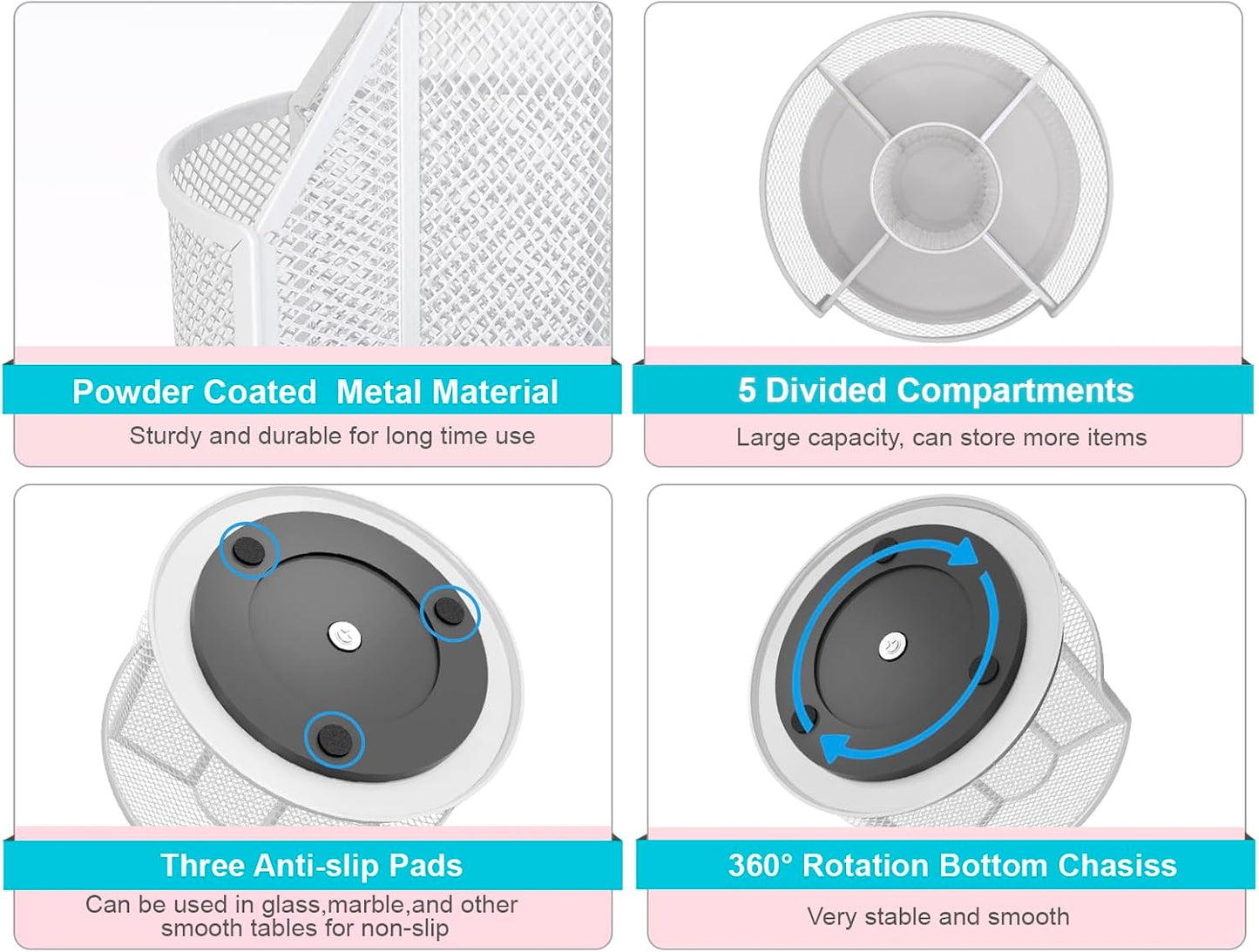 Sturdy Rotating Pen Holder, Cute Metal Pencil Holder, Large Mesh Pen Organizer for Desk, Premium Friendly Office Desk Accessories & Workspace Organizers, White