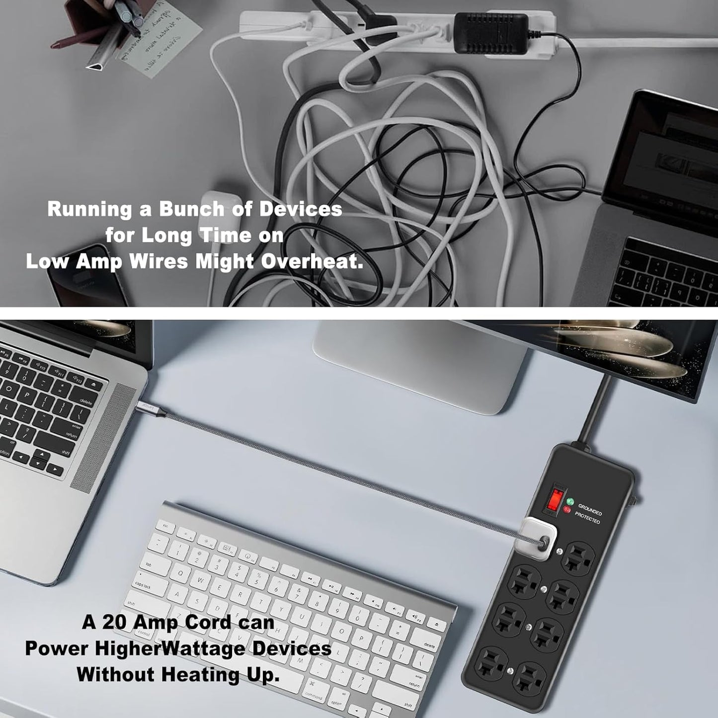 20Amp Power Strip Surge Protector, Durable Metal 8-Outlet with Heavy Duty 20 Amp 10Ft 12 Gauge Extension Cord, for Garage, Workshop & Industrial Use with 6-20R T-Slot Outlets, 4800J