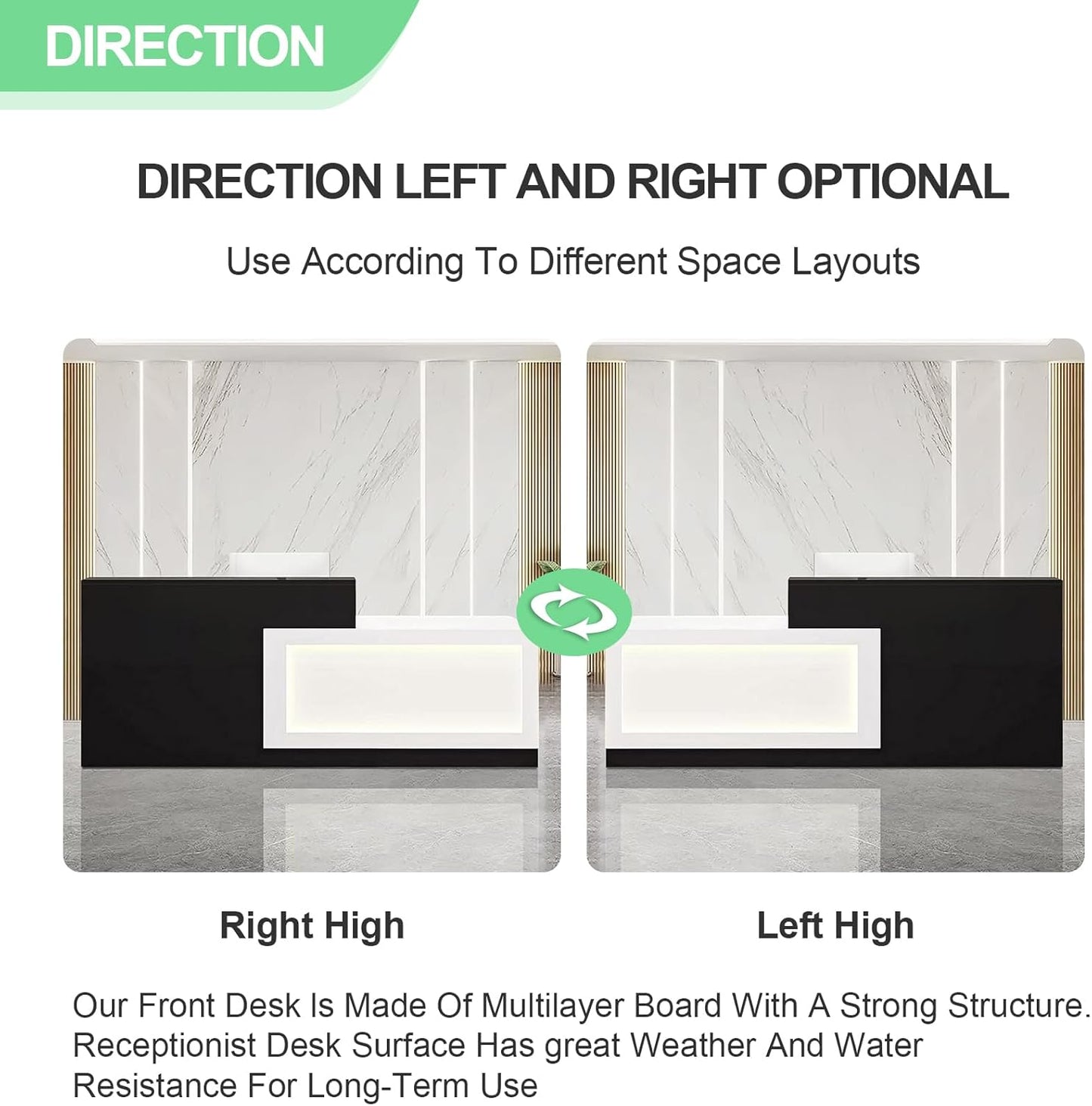 Modern Reception Desk with Counter and Drawer Office Front Desk with Cabinet Wooden Commercial Reception Table Checkout Counter for Retail Salon Lobby Black and White Right 63inch/160cm