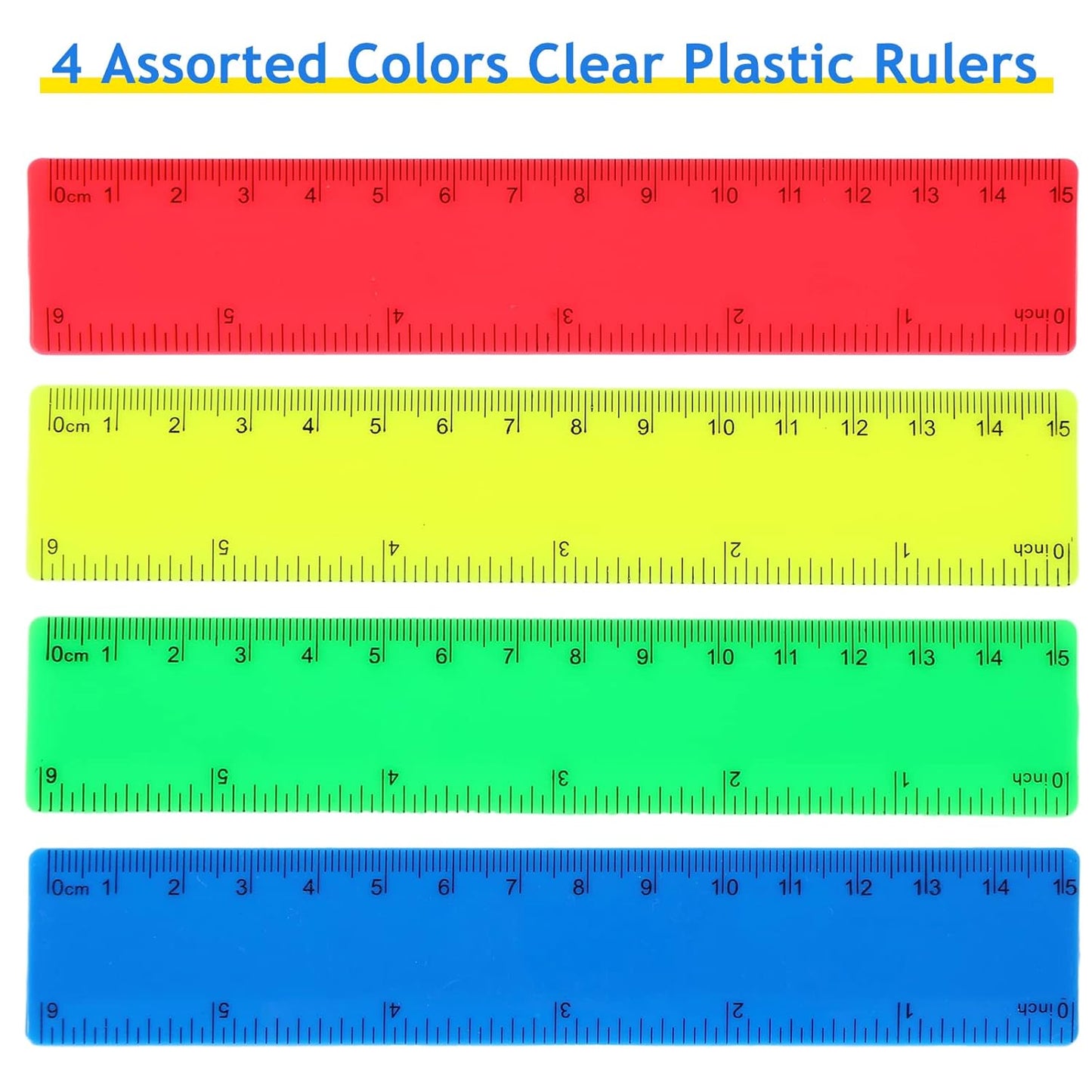 Zonon 100 Pcs 6 Inch Rulers Bulk Plastic Flexible Small Straight Rulers with Inches and Centimeters First Day of School Gift for Students Back to School Office Supplies(Bright Color, Opaque)