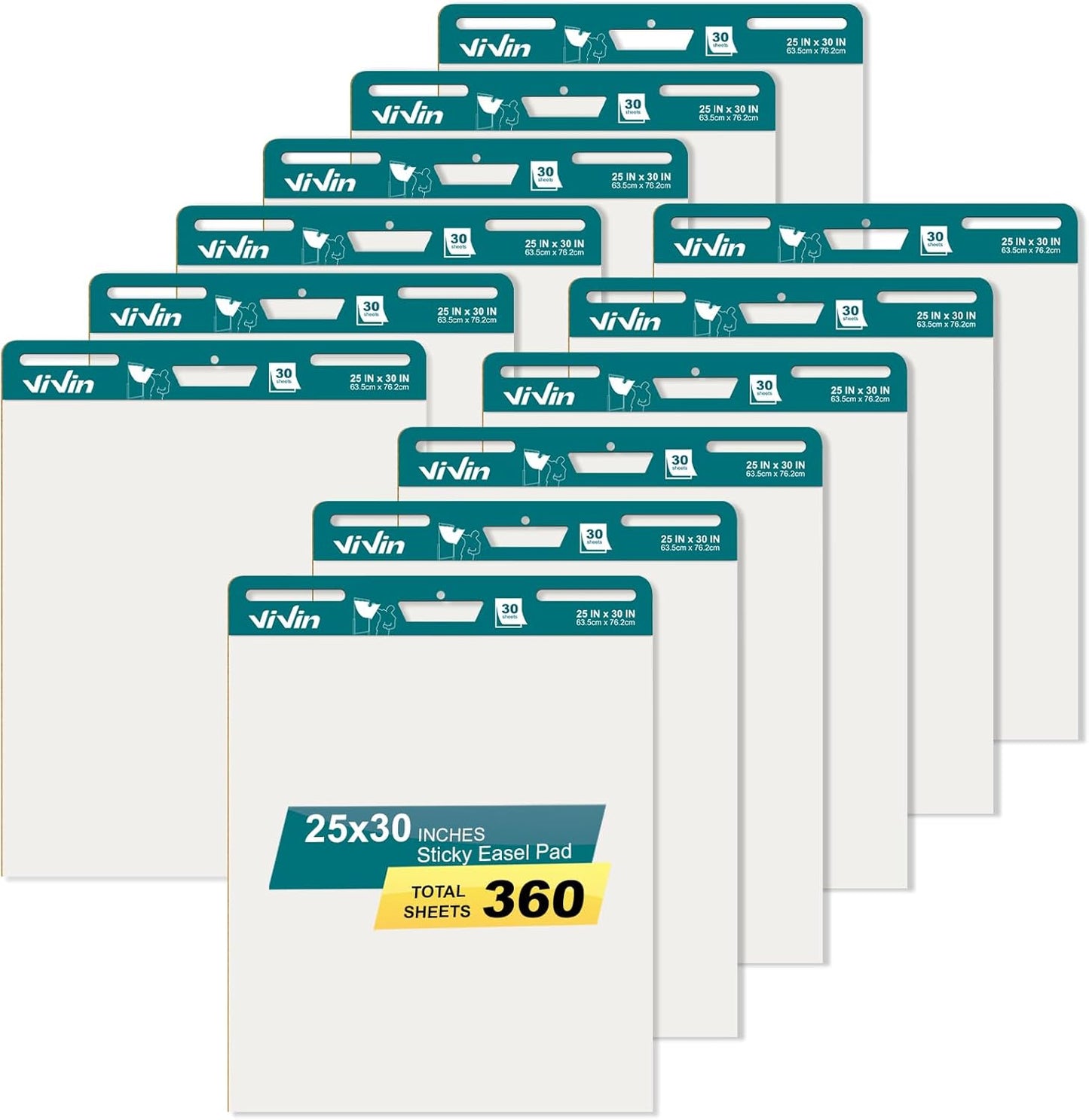 ViVin Super Sticky Easel Pad, 25 x 30 Inches Flip Chart Paper for Teachers, Large Self Stick Easel Paper, Teacher Anchor Chart, 30 Sheets/Pad, 12 Pads/Pack