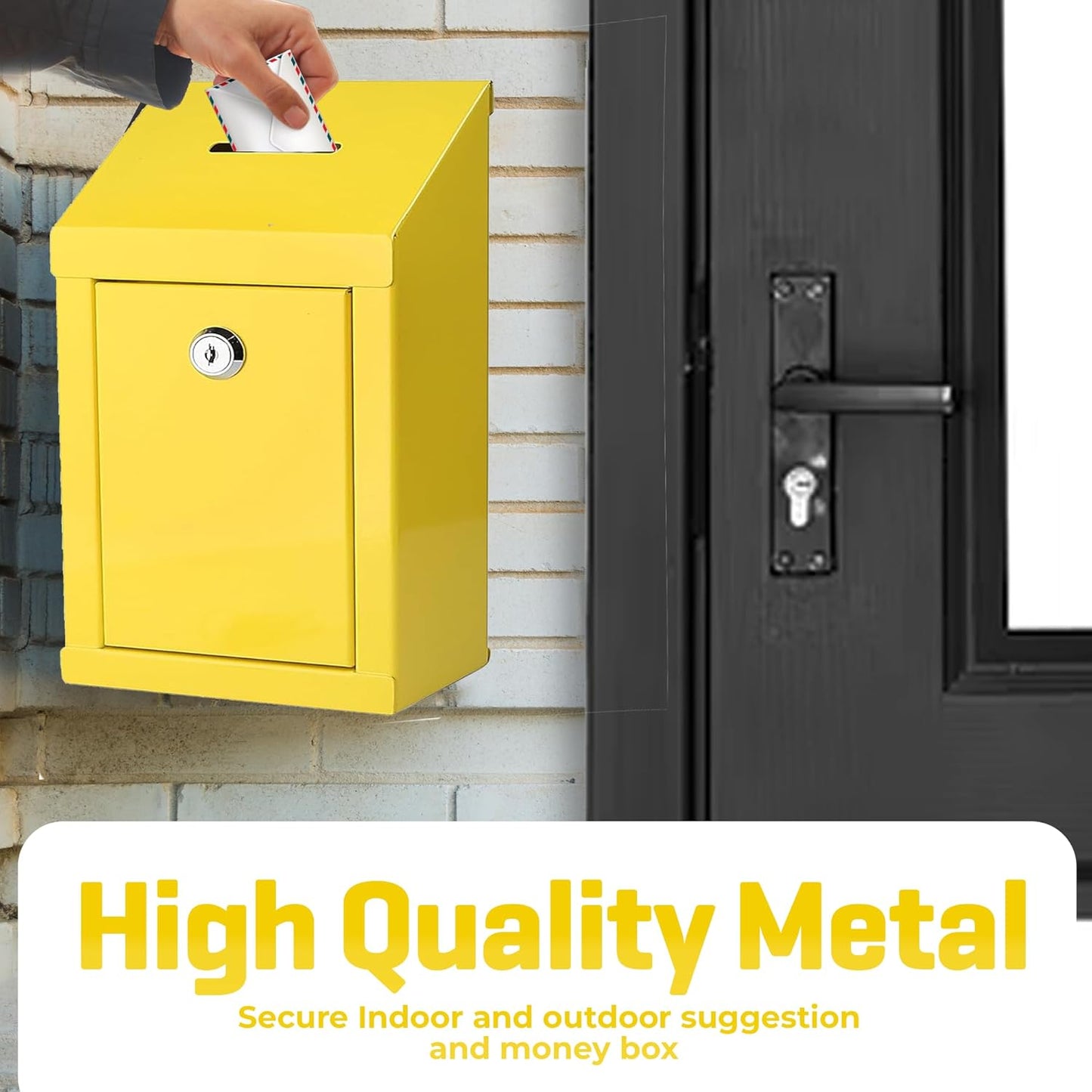 Metal Donation Box-Suggestion Box with Slot and lock-Cash Lock box for Money-Secure Drop Box-Comment and ballot voting box-comes with pre-drilled holes for easy wall mounting 10 X 6 X 2.5"(Yellow)