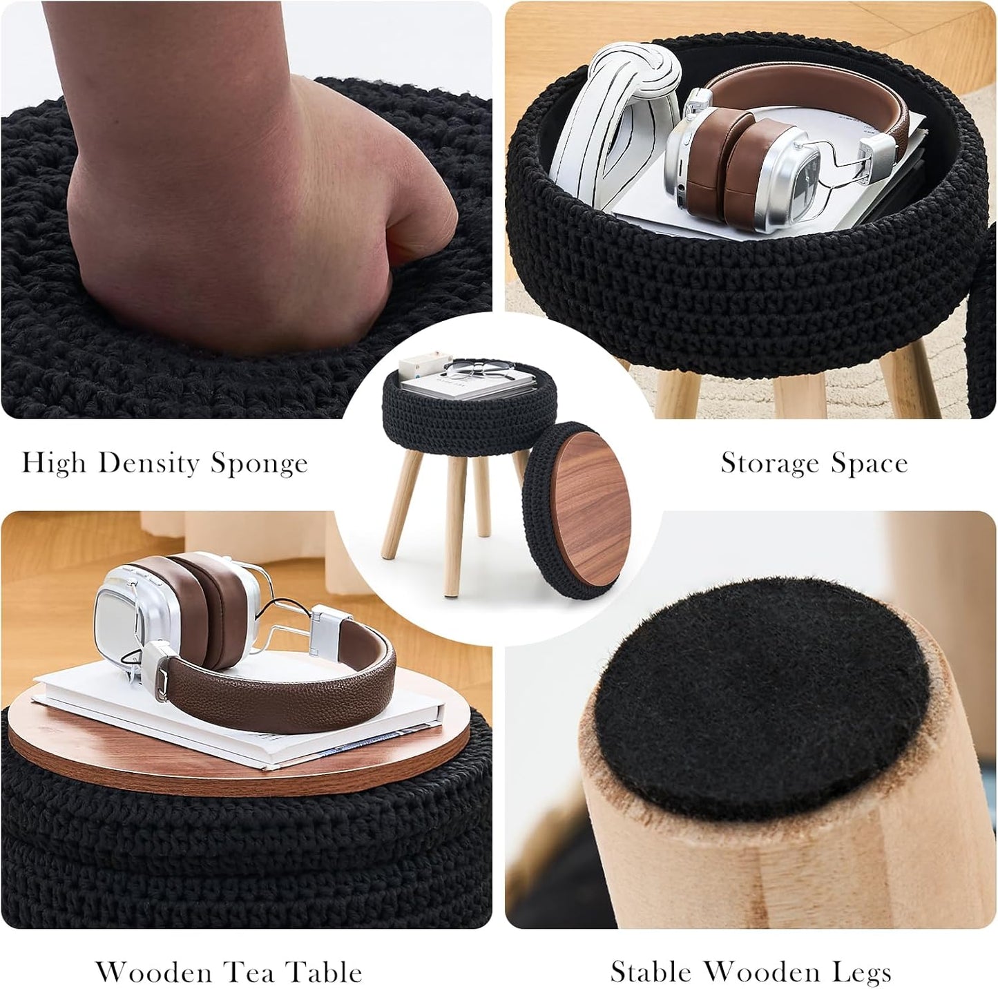 Round Foot Stool Ottoman with Storage Footrest with Wood Legs Cotton Knitted Vanity Stool Tray Top Coffee Table Multifunctional Upholstered Footstool for Living Room Bedroom Black
