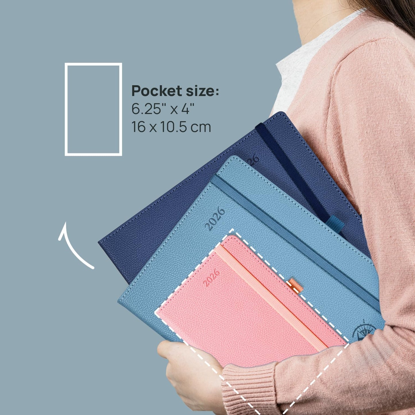 POPRUN Weekly Planner 2026 Calendar (Pocket 4'' x 6.25'') 12 Months Notebook with Horizontal Layout, Leather Hardcover, Inner Pocket, 100GSM Thick Paper, Pen Holder - Army Green