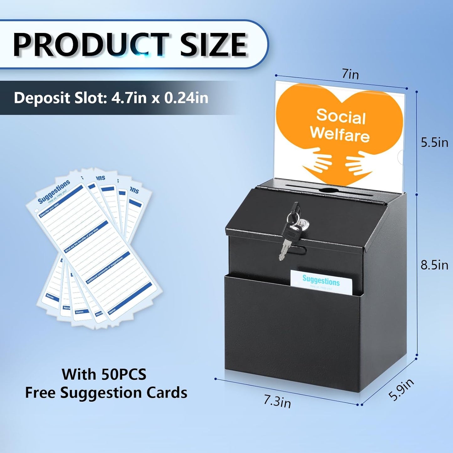 KYODOLED Suggestion and Ballot Box with Lock and Slot, Metal Wall Mounted Donation Key Drop Box with Clear Acrylic Sign Holder and 50 Free Suggestion Cards & 2 Keys, 8.5H x 5.9W x 7.3L Inch, Black