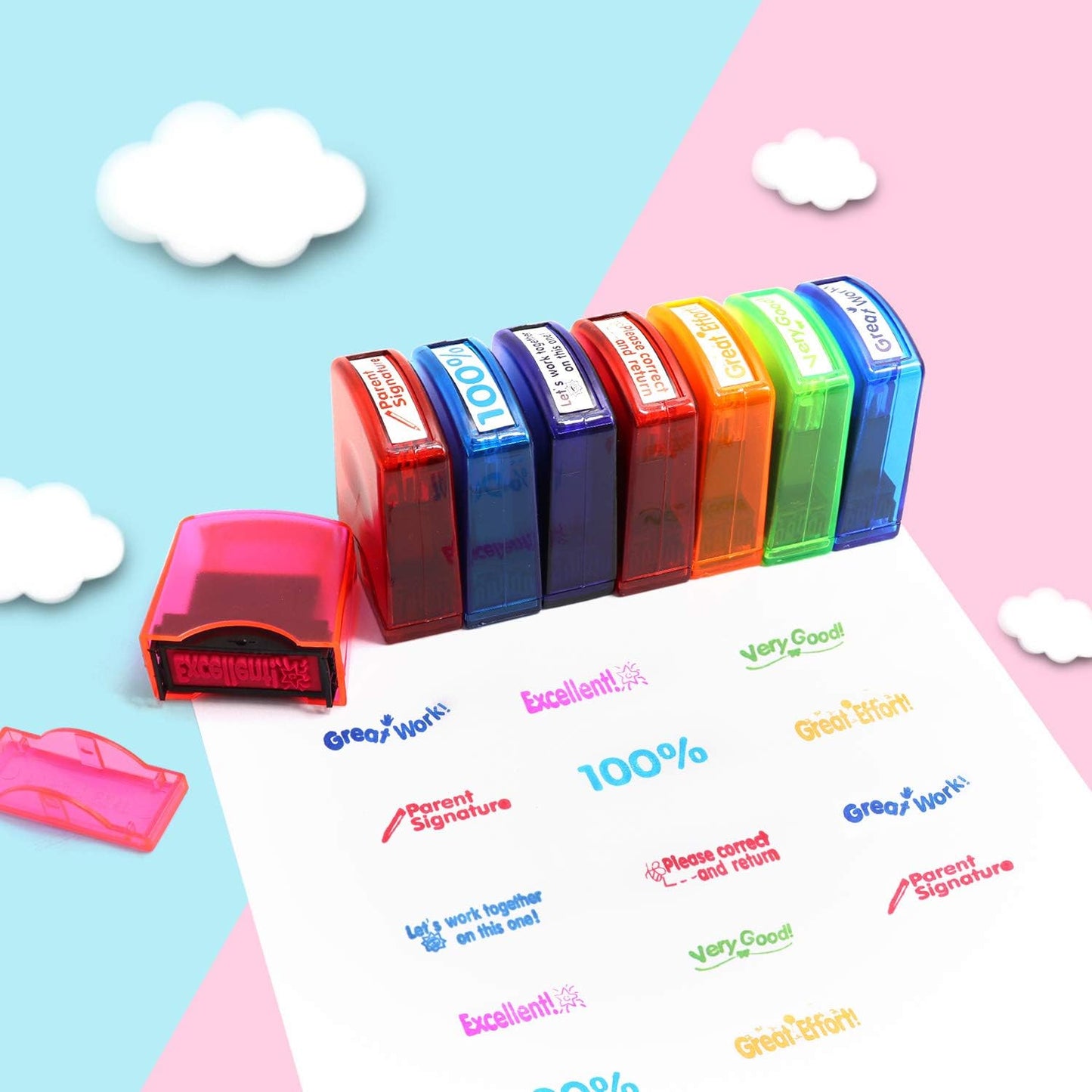 Reliancer Colorful Self-Inking Motivation School Grading Teacher Stamp Set and Tray (8-Piece)