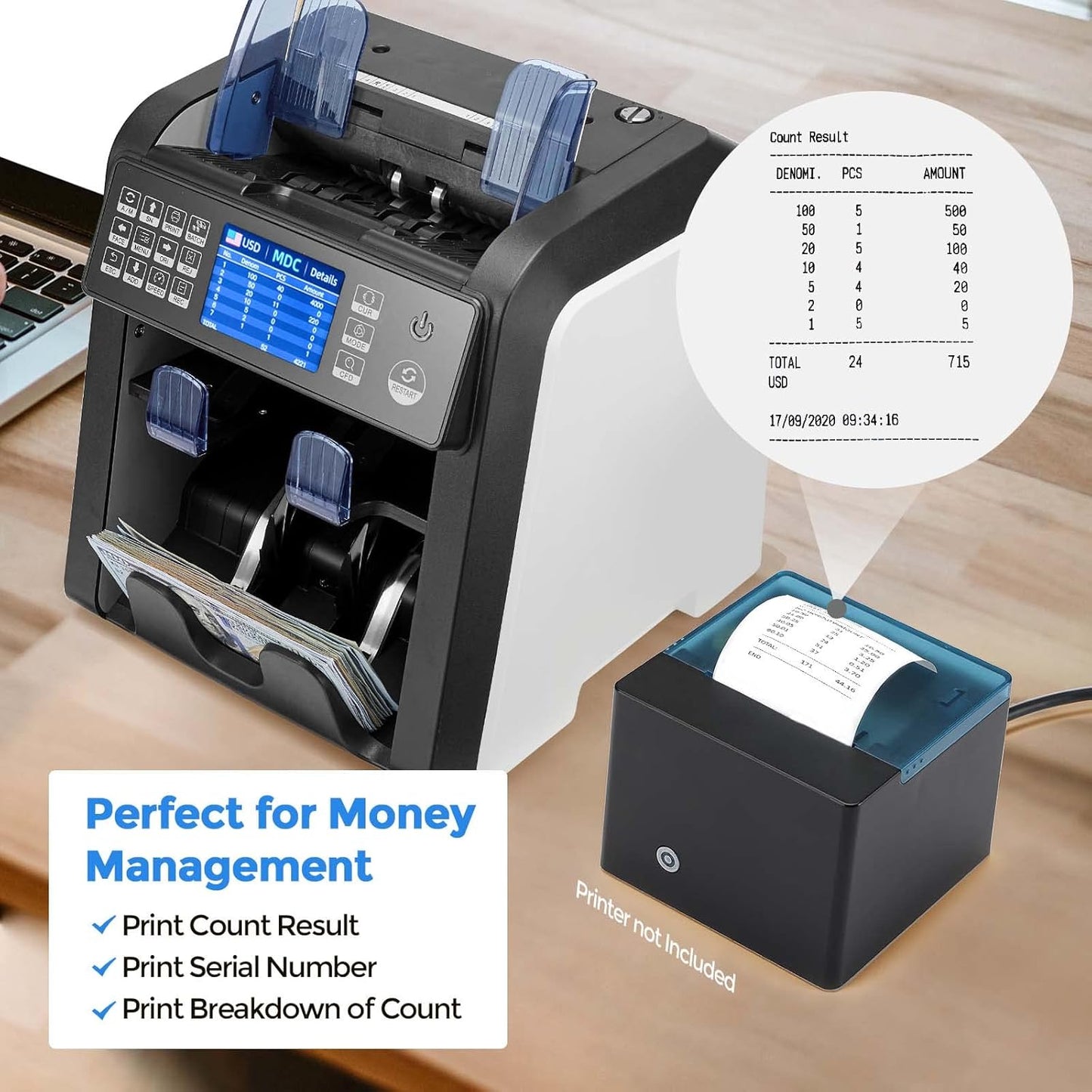 MUNBYN IMC08 Dual Money Counter Machine Mixed Denomination with Reject Pocket, Value Counting, Counterfeit Detection 2 CIS/UV/MG/IR, Sort&Print Enabled Cash Counter, Mixed Bill Counter (White)
