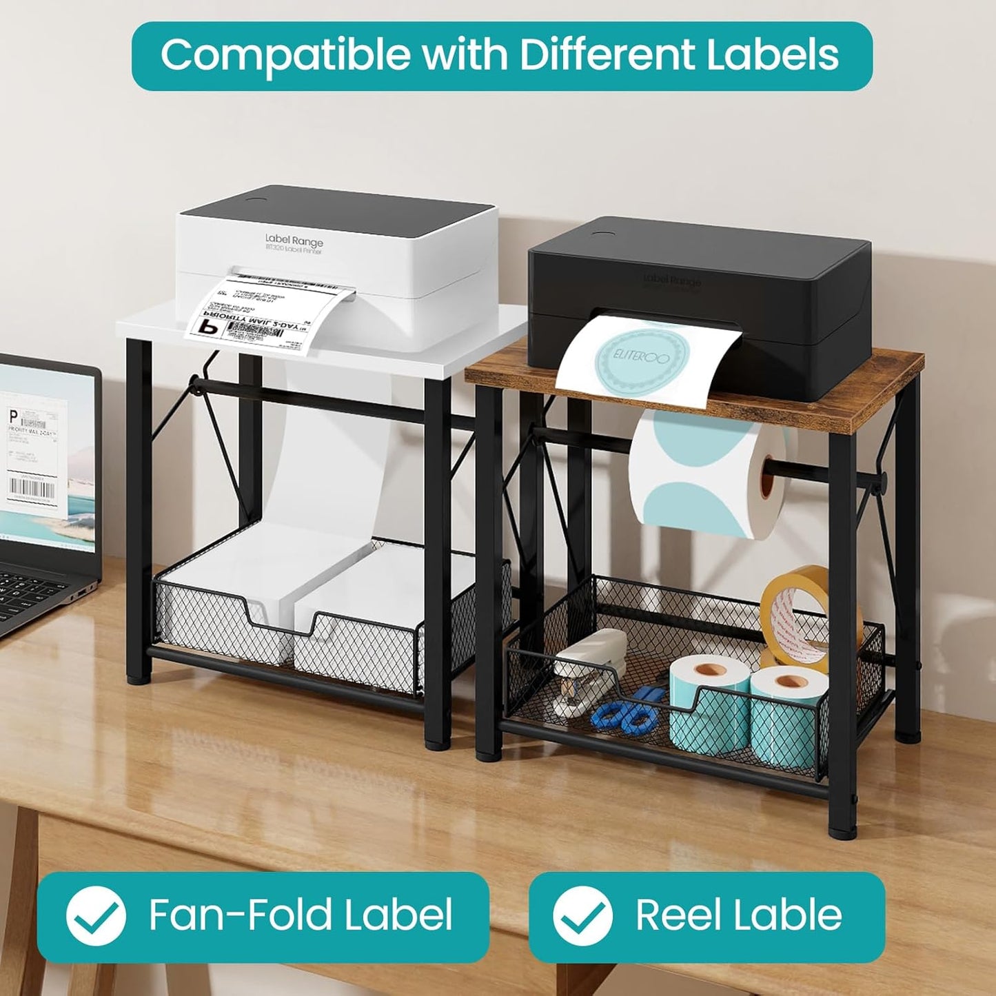 ELITEROO Label Holder for Rolls and Fan-Fold Labels, Wooden Thermal Label Holder for Desktop Label Printer, Shipping Label Stand for Thermal Printer Accessory, for Home Office Small Businesses, Brown