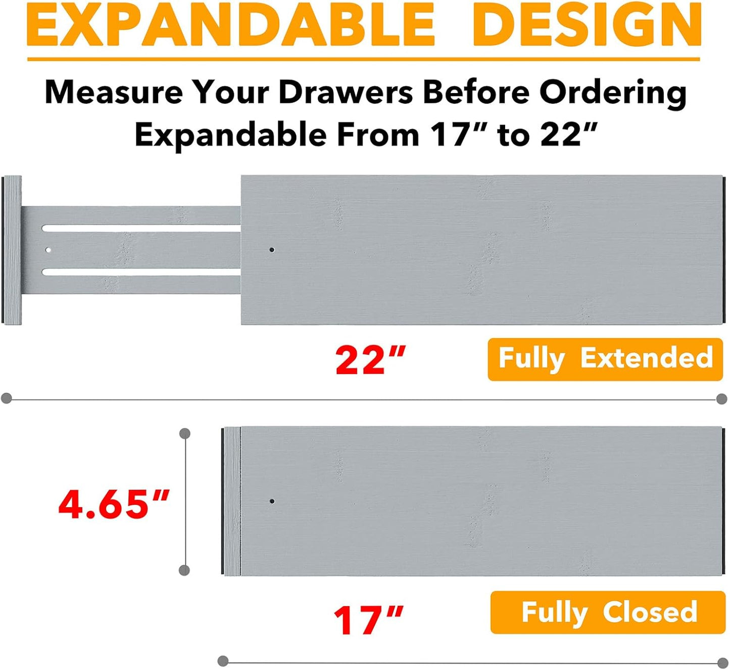 SpaceAid Bamboo Dresser Drawer Dividers 6 Pack, 4.65“ High Adjustable 17“-22” Drawer Organizers, Expandable Organization for Clothing, Clothes, Dressers, Gray