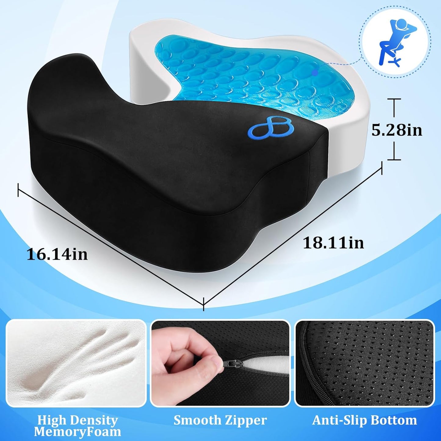 Seat Cushion, Gel Chair Cushions, Office Chair Cushions, Anti-Slip Bottom & Removable Cover Tailbone Pain Relief Cushion, Memory Foam Seat Cushion, 5.28 in Thick (Black)