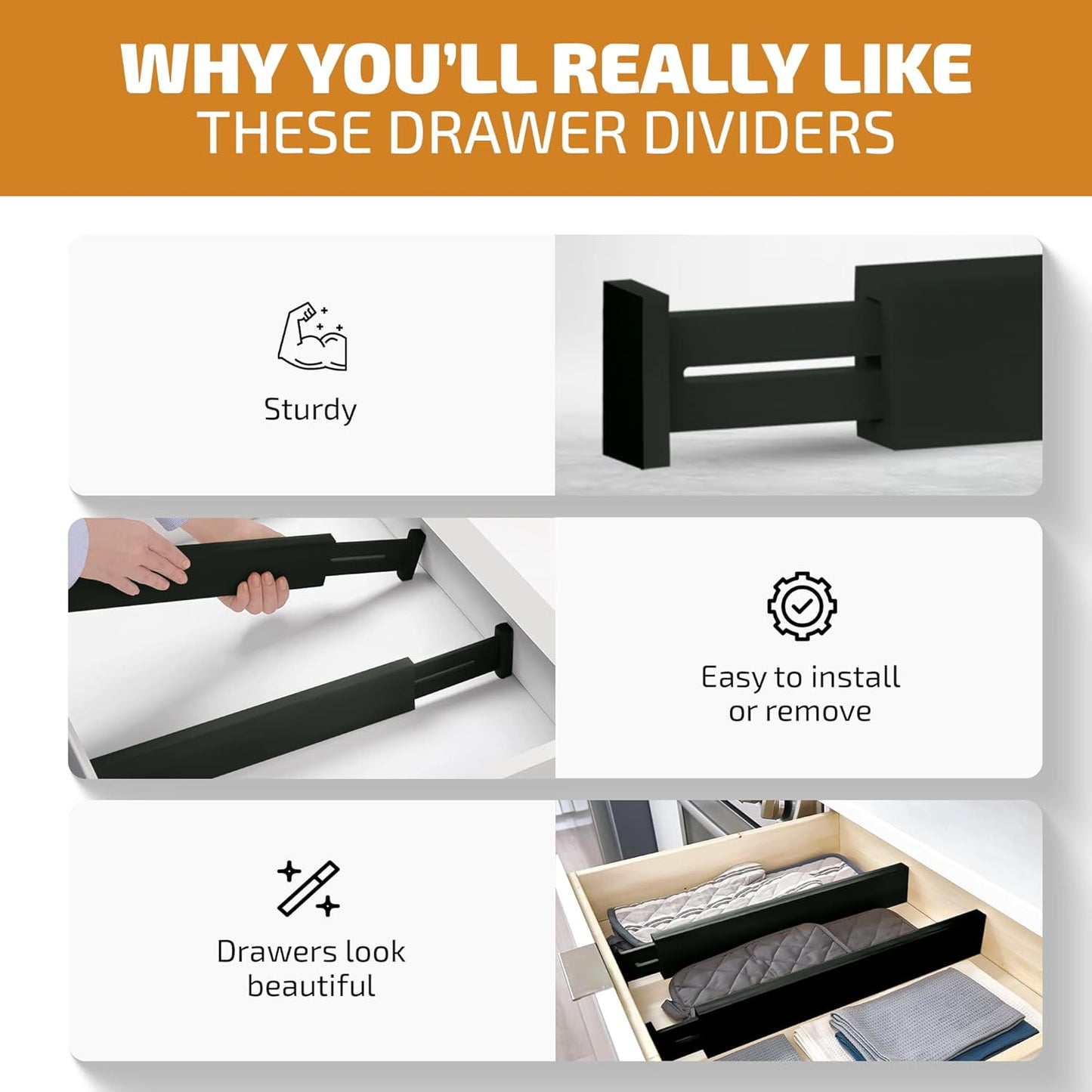 Large Kitchen Drawer Organizer - Expandable Bamboo Drawer Dividers (17" - 21.5") - Adjustable Separators for Kitchen, Clothes, Dresser, Bedroom, Bathroom, and Desk Drawers - 6-Pack (Black)