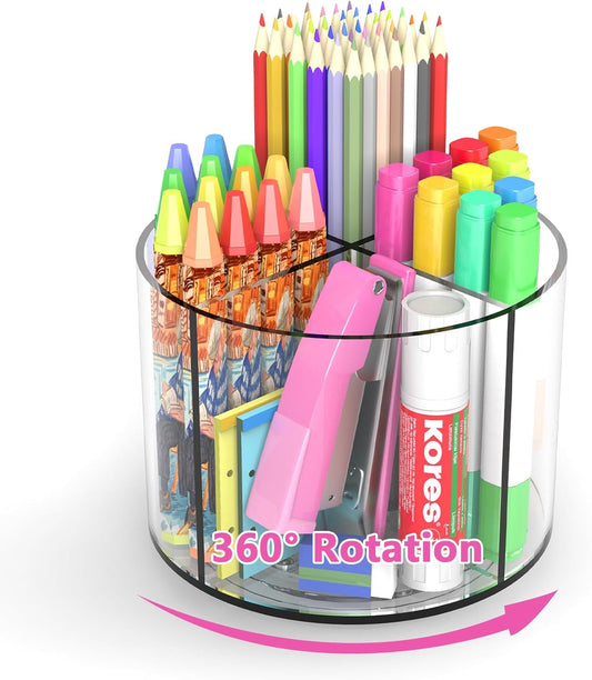 Small Pencil Organizer for Desk Acrylic 4 Compartments, Tiny Rotating Art Supply Organizer Kids, Spinning Round Marker Organizer Small Clear Desktop Organizer Caddy Swivel Office Pen Pencil Holder