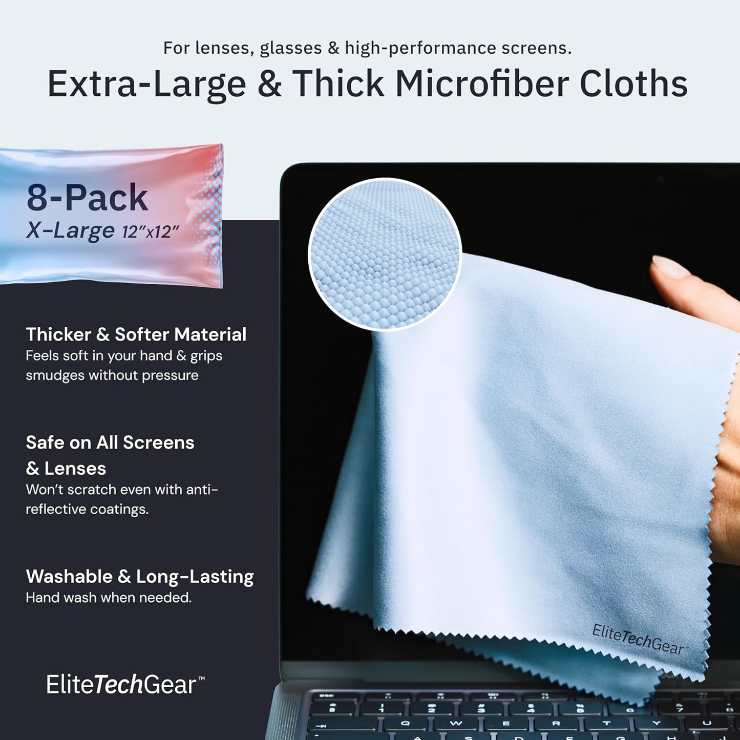 Elite Tech Gear Microfiber Cloth (Blue, 12'' x 12'' (Pack of 8))