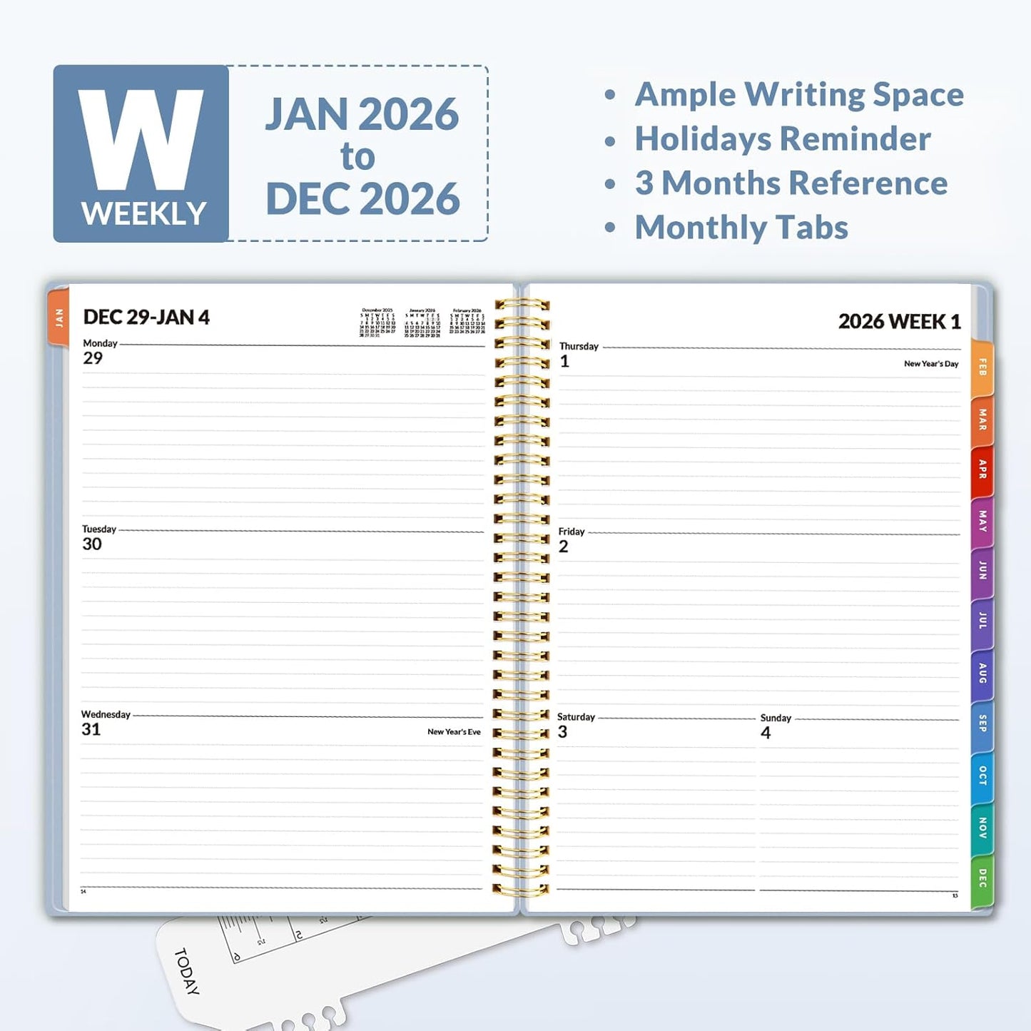 SUNEE 2026 Weekly and Monthly Planner - from January 2026 - December 2026, 8.5"x11" Daily Agenda Planner with Monthly Tab, Flexible Cover, Note Pages, Pockets, Bookmark, Spiral Binding, Gray Blue
