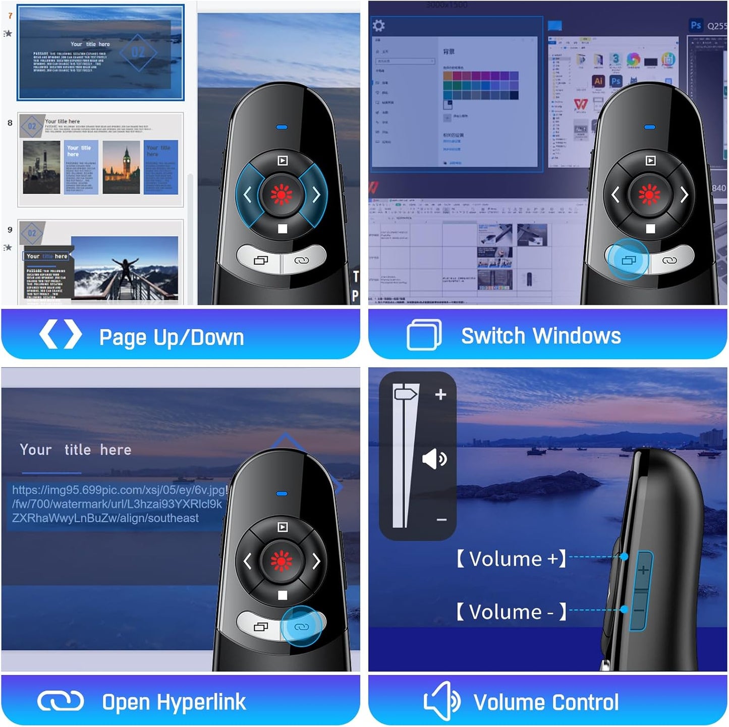 2 in 1 Type C USB Presentation Clicker，Wireless Presenter Remote PowerPoint Clicker for Computer Presentations with Volume Control,Slide Advancer for Mac Laptop
