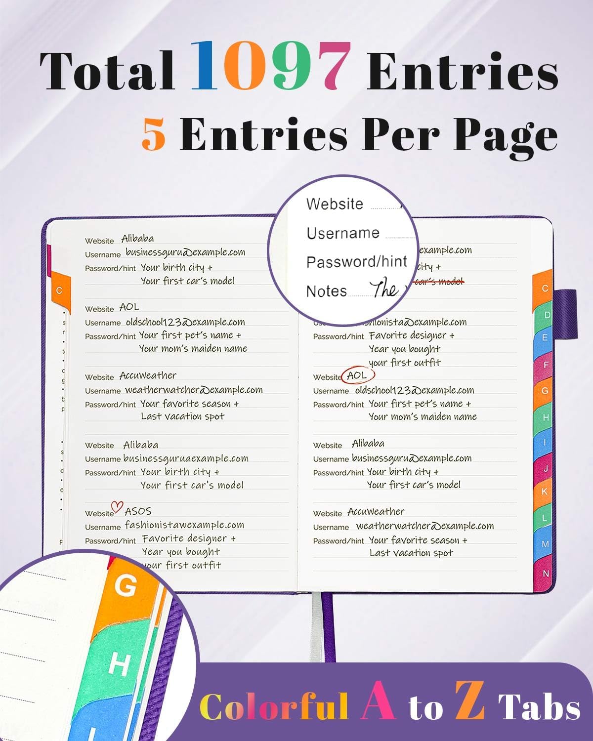 Password Keeper Book with Colorful Alphabetical Tabs, Hardcover Password Log-book for Internet Password and Website Address, 5.8"×8.4" Password Notebook for Home Office (Royal Purple, Medium (5.8 x 8.4 Inch))