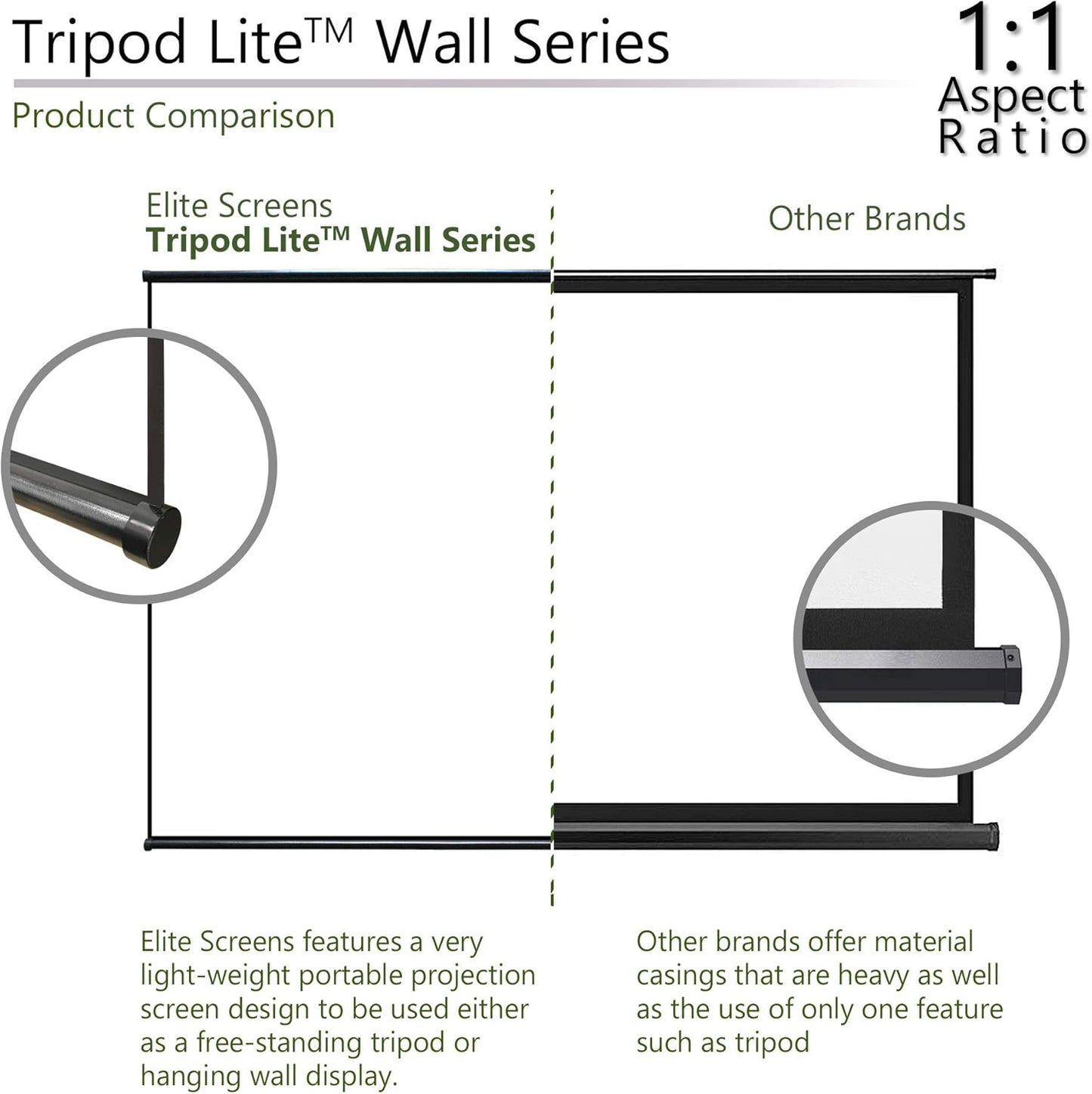 Elite Screens Tripod Lite Wall Series | 2 in 1 Portable Projector Screen Dual Tripod Stand/Wall Mount Indoor/Outdoor 65-INCH, 1:1 w/Carrying Bag | US Based Company 2-Year Warranty - T65SW, Black