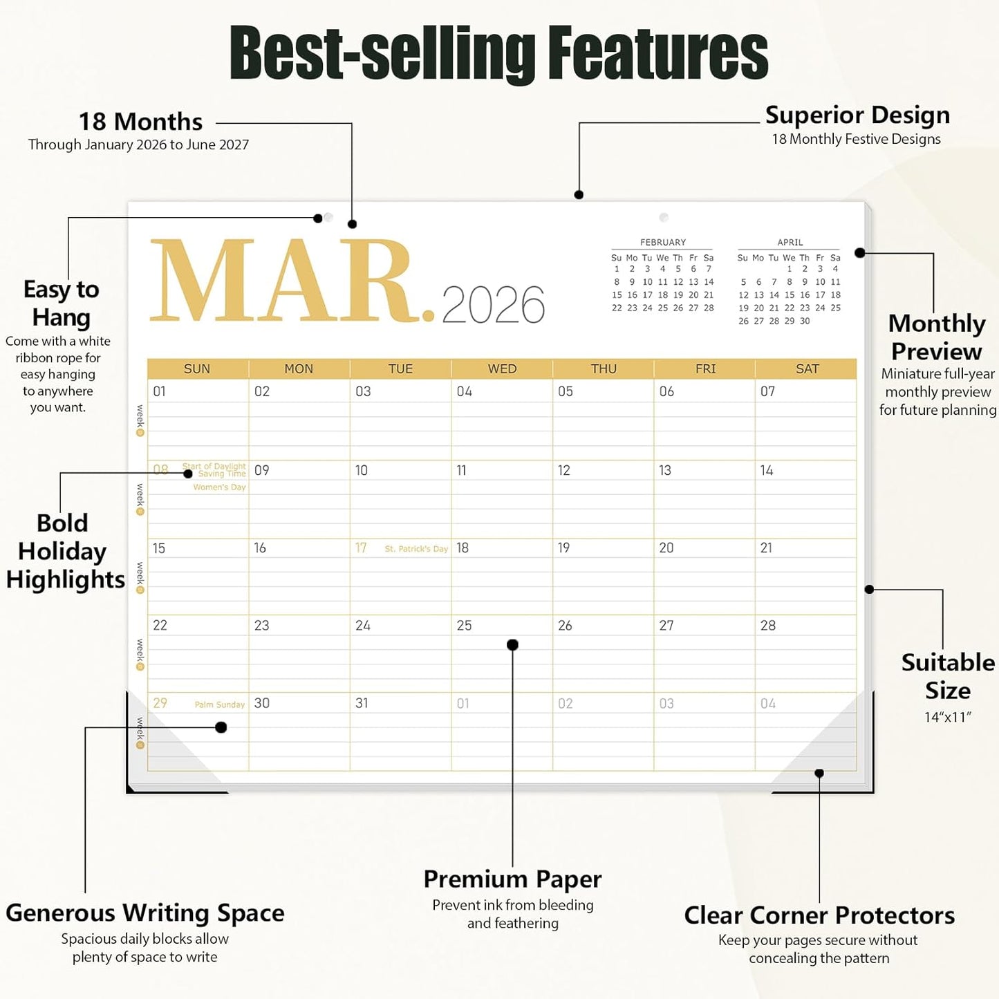 GuassLee Desk Calendar 2026, 18-Month Hanging Desk/Wall Calendar From 2026 Jan-2027 Jun, 14" X 11" Monthly Planner with Thick Paper For Office Home School Desk Organizing