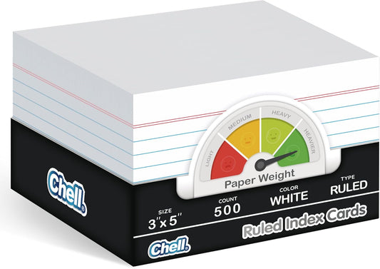 Chell Extra Heavyweight Ruled Index Cards 3x5 Inch, No Bleed-Through, 500 Count, Ruled Front and Blank Back, 74 lb. Cover Weight, White