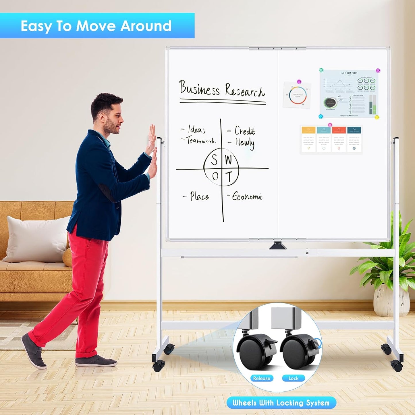 maxtek Rolling Whiteboard, 48x48 Large Magnetic White Board with Stands, Big Double-Sided White Board Dry Erase on Wheels for Homeschool, Home Office, Office, School