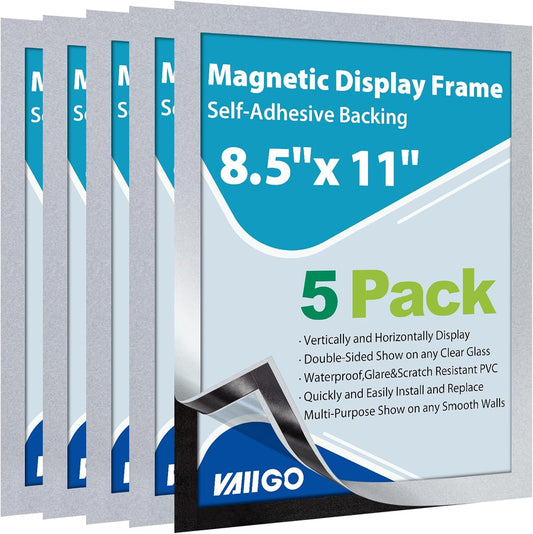 5Packs Magnetic Sign Holder 8.5 x 11, Self Adhesive Display Picture Frame with Magnetic Frame and Clear PVC for Office Store Home Door Window Refrige Magnetic Paper Holder, Silver