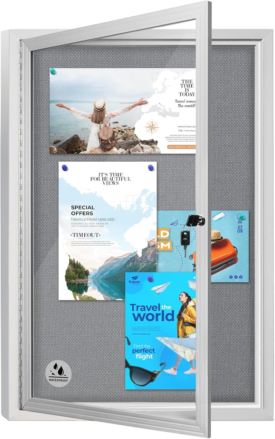 Outdoor Weatherproof Enclosed Fabric Bulletin Board,Noticeboard Case with Lockable Glass Door,Silver Aluminum Frame, 36x24 Inch (5xA4)