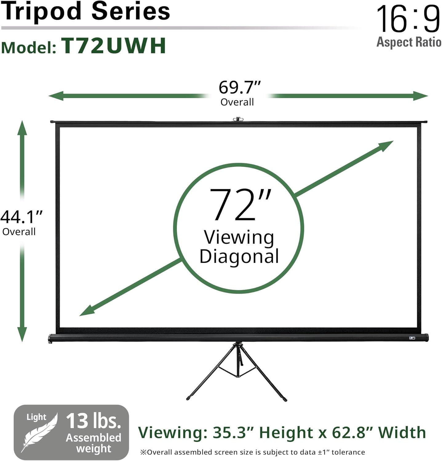 Elite Screens Tripod Series, 72-INCH 16:9, Indoor Outdoor Projector Screen, 8K / 4K Ultra HD 3D Ready, 2-Year Warranty, T72UWH